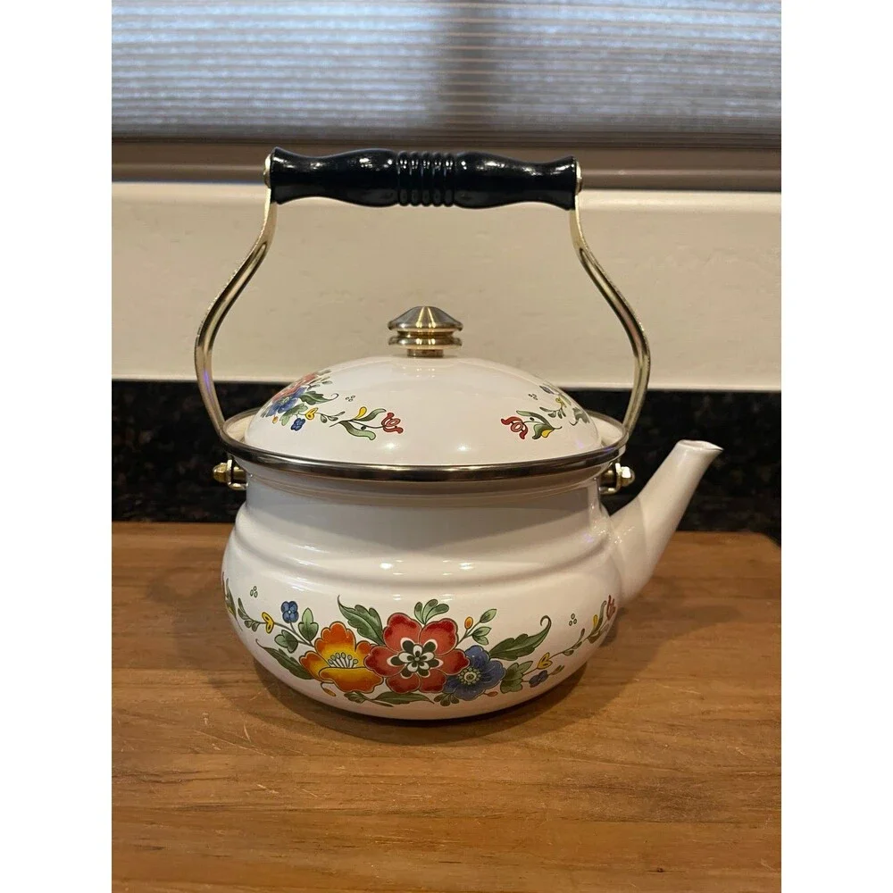Vintage Asta Cookware Enamelware teapot with wood handle
